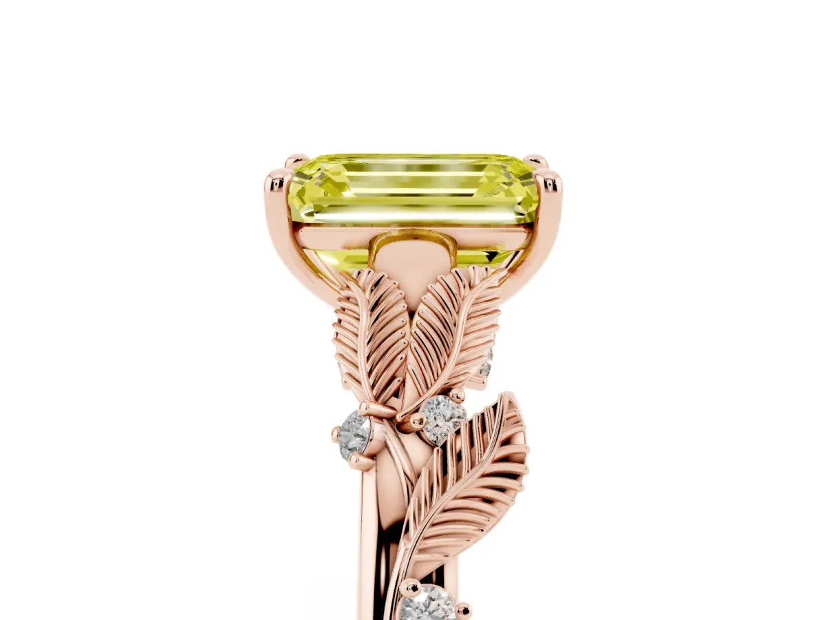 Fancy Yellow Emerald Cut Diamond Solitaire Ring with Leaf Motif Band and Four-Prong Setting Rose gold