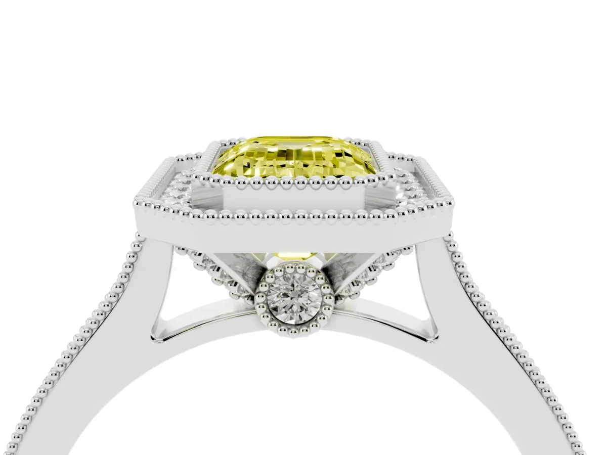 Fancy Yellow Halo Emerald Cut-Cut Diamond Pave Band Milgrain Prong Setting Ring Silver