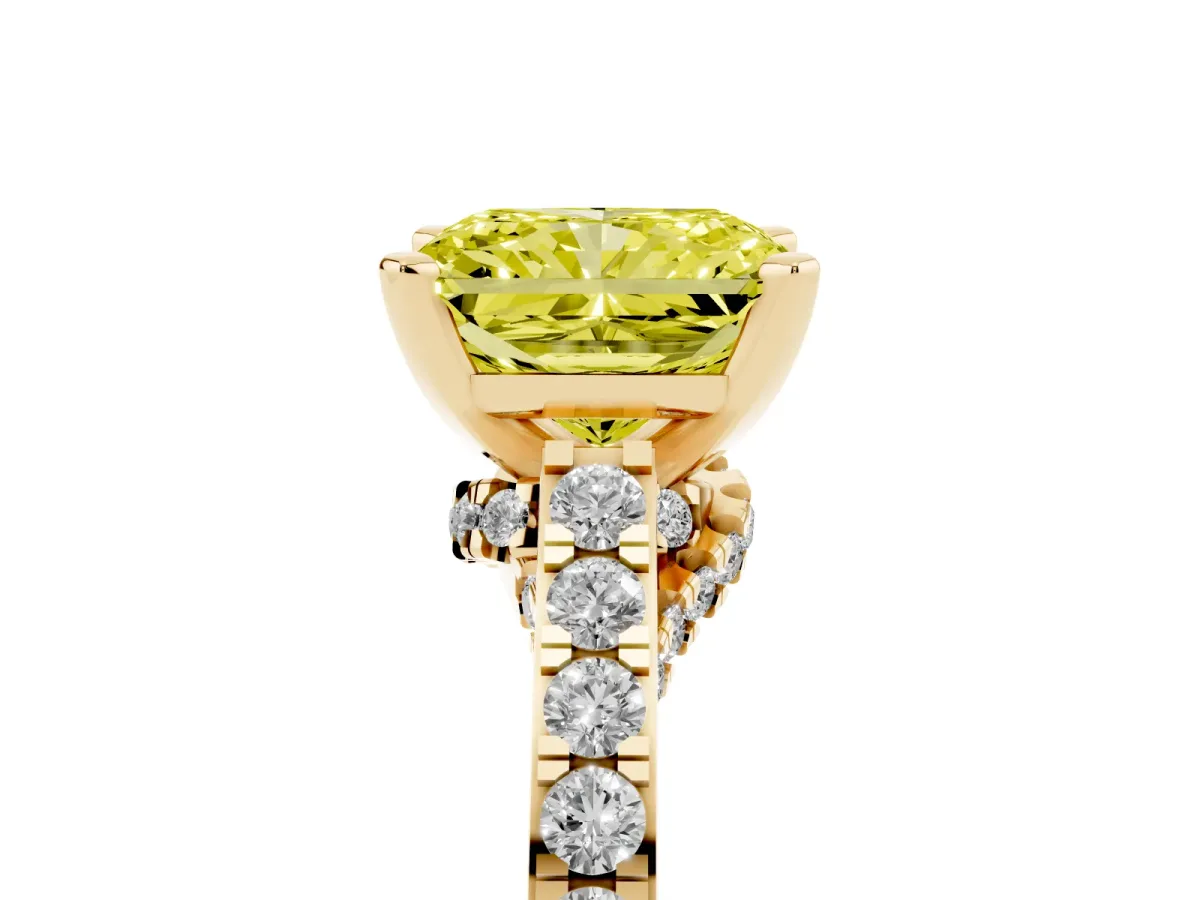 Fancy Yellow Radiant Cut Diamond Solitaire Ring with Crossover Gallery and Round Pavé Band Yellow gold