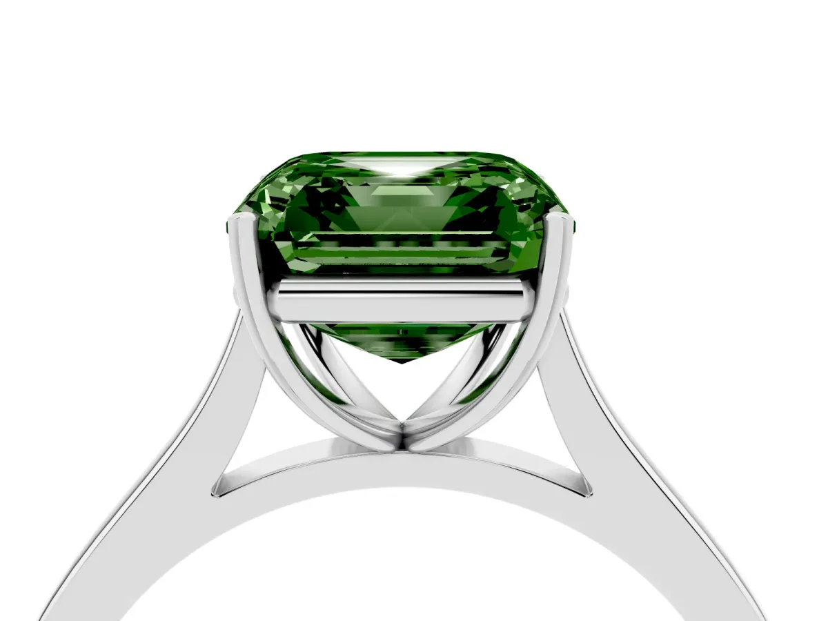 Fancy Green Asscher Cut Solitaire Heart Prong Engagement Ring with Tapered Band Silver