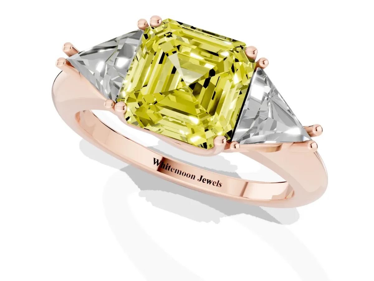 Fancy Yellow Three-Stone Asscher Cut Diamond Engagement Ring with Trillion Side Stones and Prong Setting Rose gold