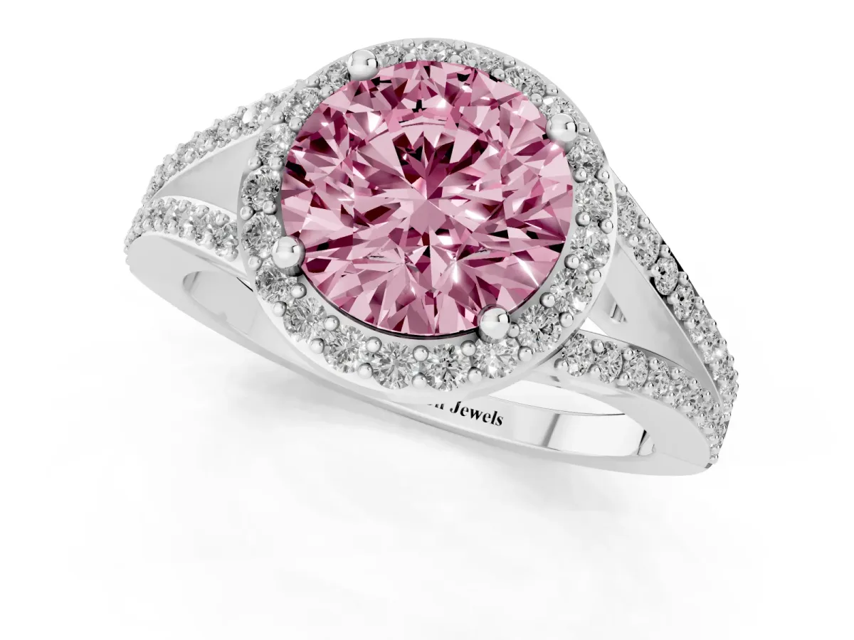 Fancy Pink Round Cut Halo Split Shank Pave Diamond Ring with Four-Prong Setting Silver