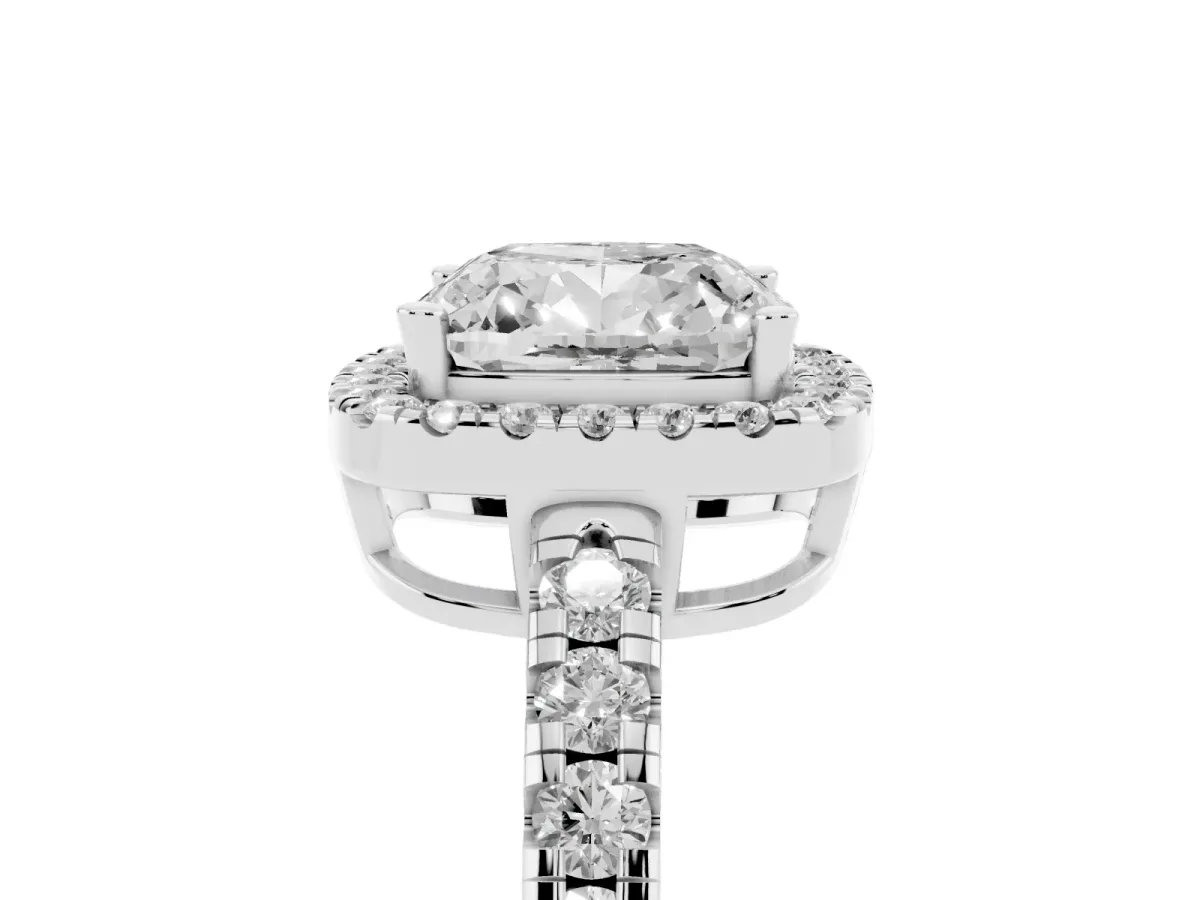 Cushion Cut Diamond Halo Ring with Pavé Band and Four-Prong Setting Platinum