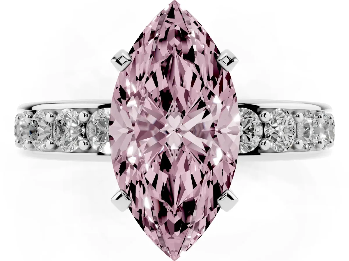 Fancy Pink Marquise Cut Diamond Engagement Ring with Channel Set Round Band and Prong Setting White gold
