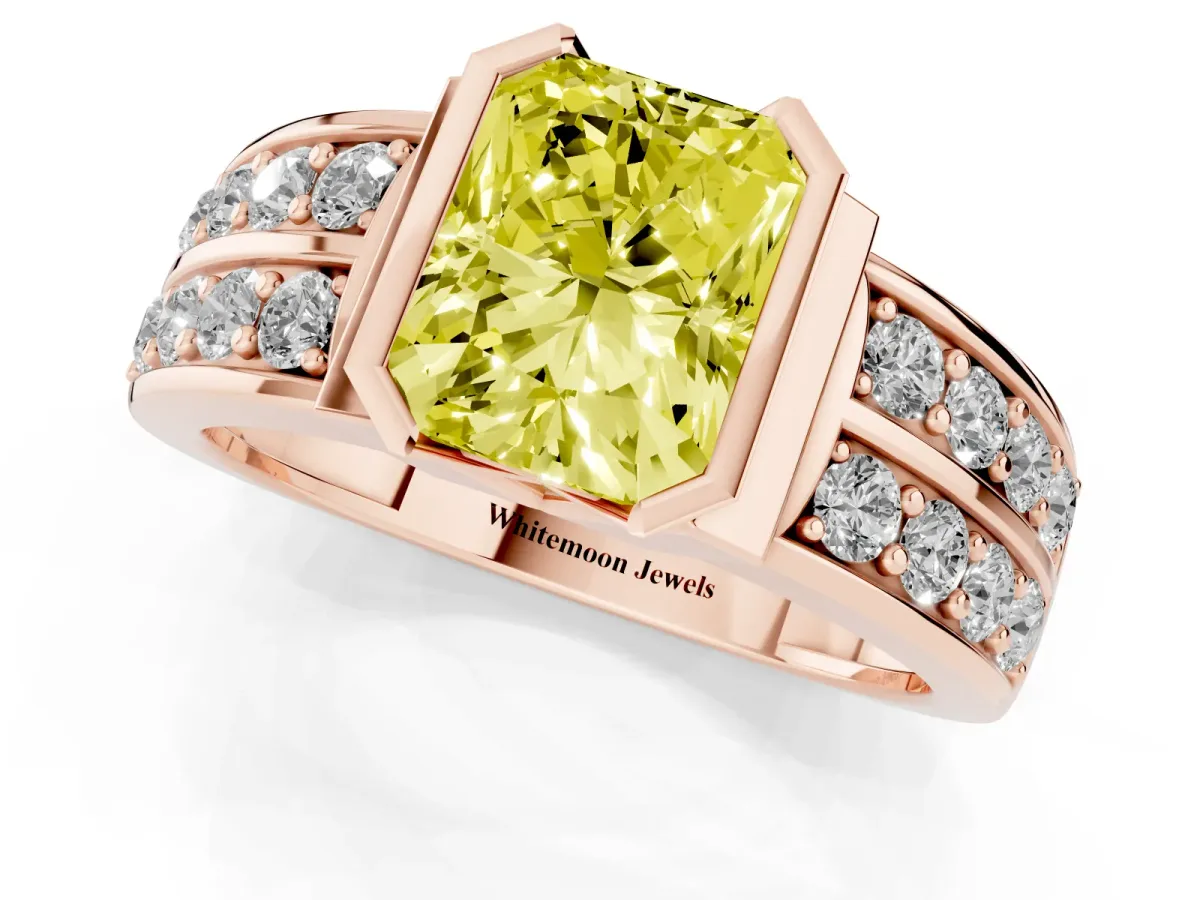 Fancy Yellow Radiant Cut Brilliant Diamond Channel Set Wide Band Ring with Bezel Setting Rose gold