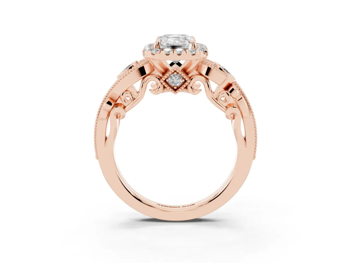 Emerald Cut Halo Diamond Ring with Milgrain and Bezel Accents on a Split Shank Band Rose gold