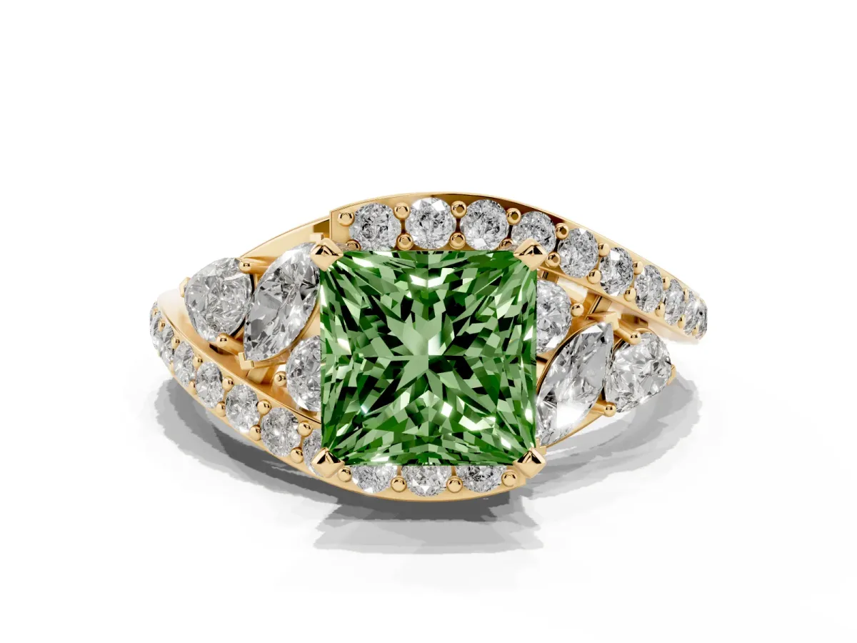Fancy Green Princess Cut Diamond Halo Ring with Marquise and Pavé Band in Prong Setting Yellow gold