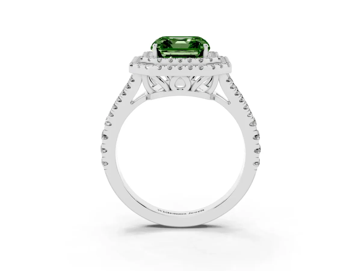 Fancy Green Asscher Cut Diamond Double Halo Ring with Pavé Band and Prong Setting Silver