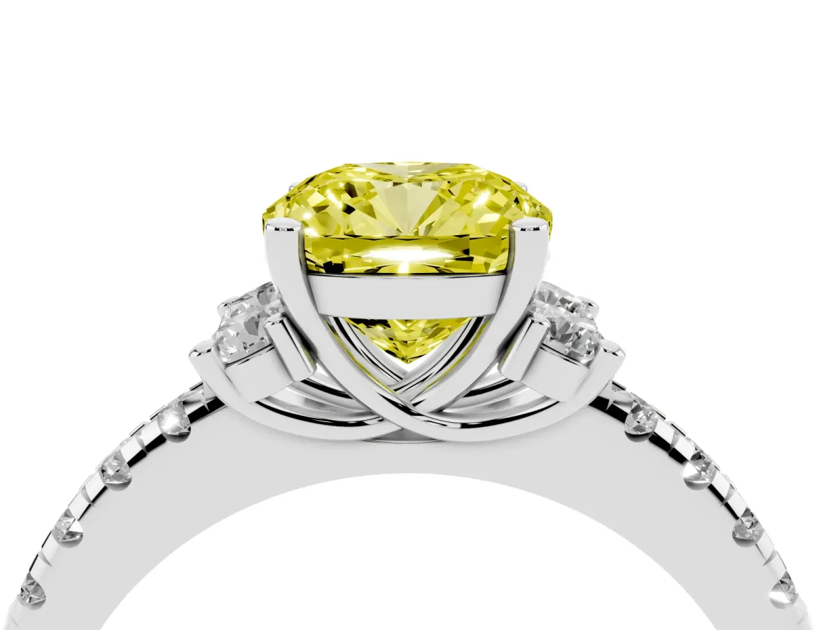Fancy Yellow Cushion Cut Diamond Three-Stone Pave Band with Four-Prong Setting Silver
