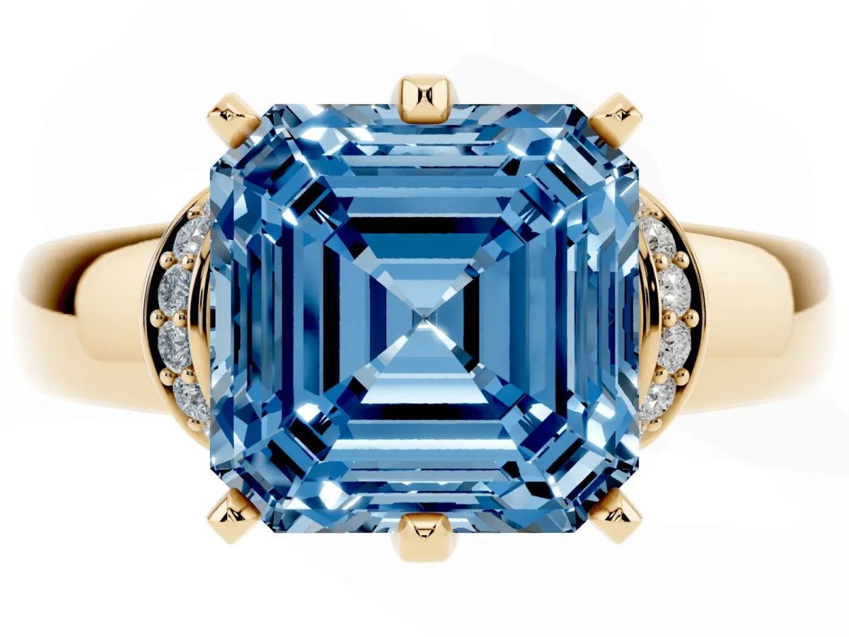 Fancy Blue Asscher Cut Solitaire Diamond Ring with Pave Band and Six-Prong Setting Yellow gold