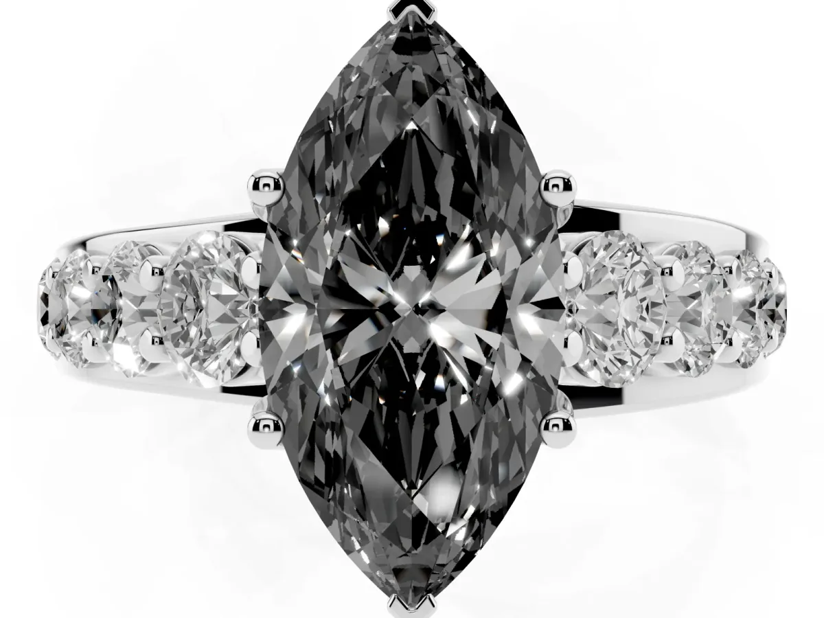 Fancy Black Marquise Cut Diamond Engagement Ring with Pavé Band and Four-Prong Setting Platinum