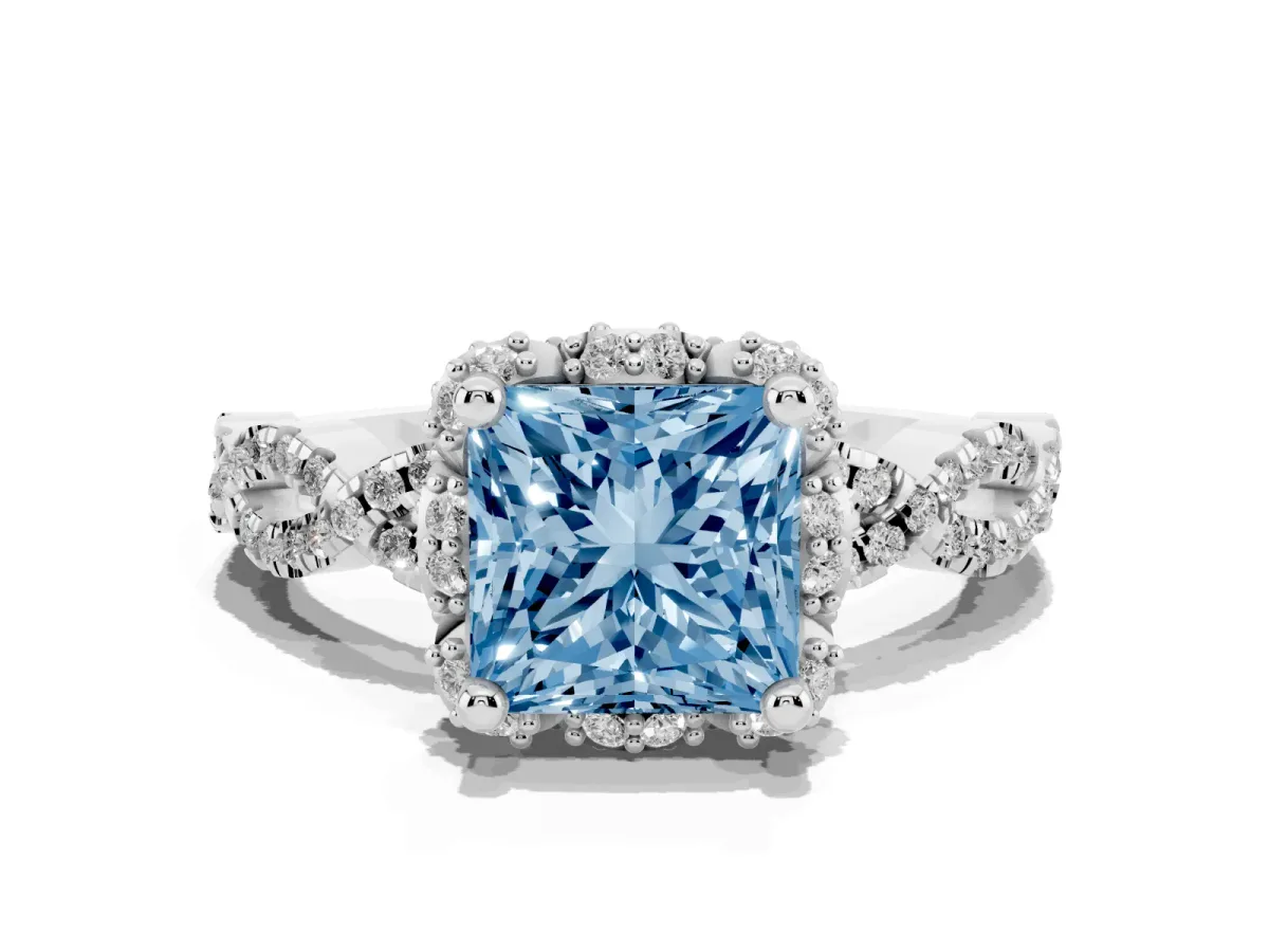 Fancy Blue Princess Cut Halo Twist Band Solitaire Ring with Six-Prong Setting Platinum