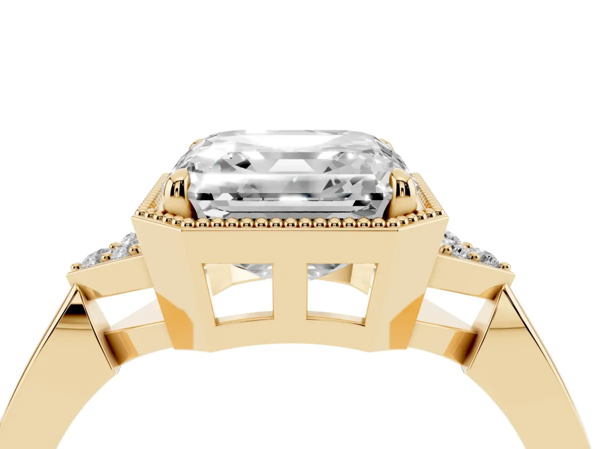 Hexagonal Halo Asscher Cut Diamond Solitaire with Pavé Band and Four-Prong Setting Yellow gold