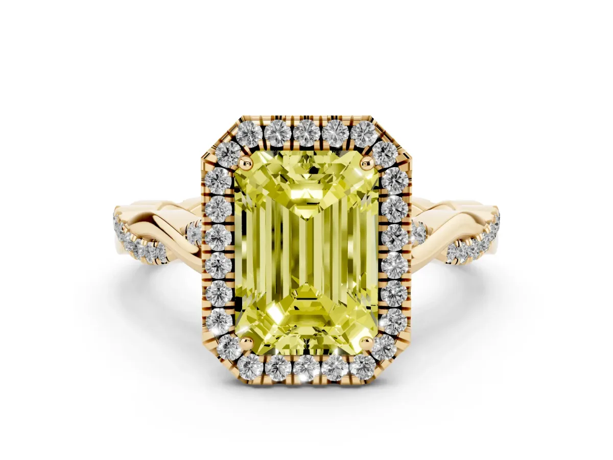 Fancy Yellow Emerald Cut Halo Twist Band Solitaire Ring Yellow gold