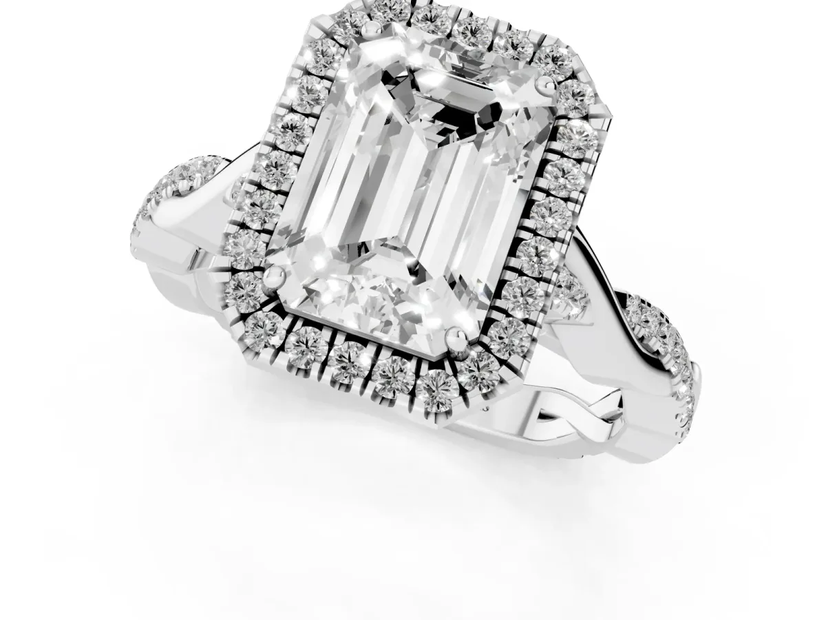 Emerald Cut Halo Twist Band Solitaire Ring Silver