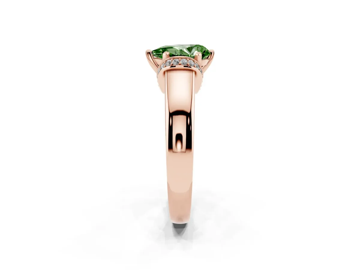 Fancy Green Pear Cut Solitaire Diamond Ring with Pave Band and Six-Prong Setting Rose gold