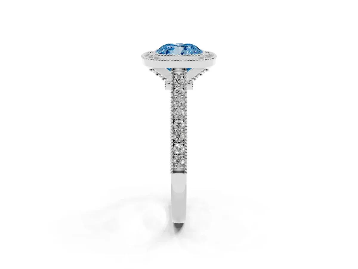 Fancy Blue Halo Cushion Cut-Cut Diamond Pave Band Milgrain Prong Setting Ring Silver