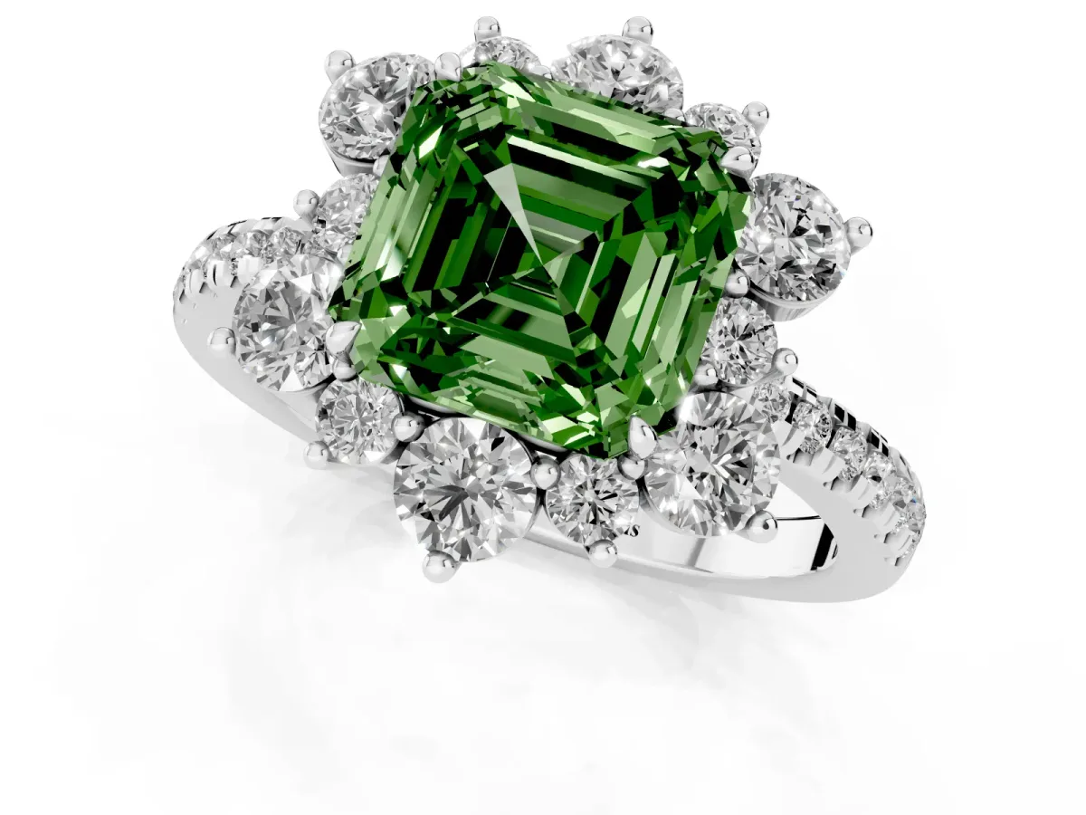 Fancy Green Asscher Cut Diamond Floral Halo Ring with Round Pavé Band and Prong Setting Platinum