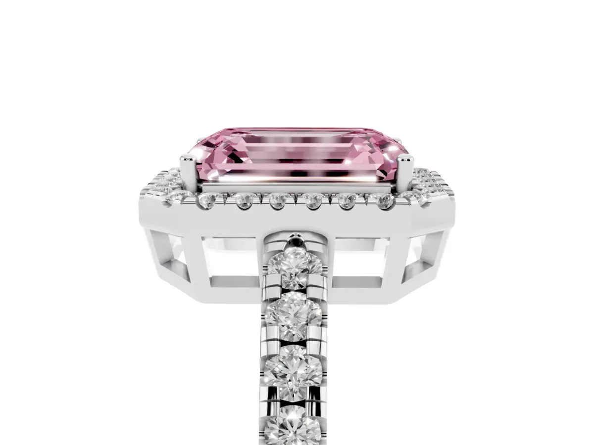 Fancy Pink Emerald Cut Diamond Halo Ring with Pavé Band and Four-Prong Setting Silver