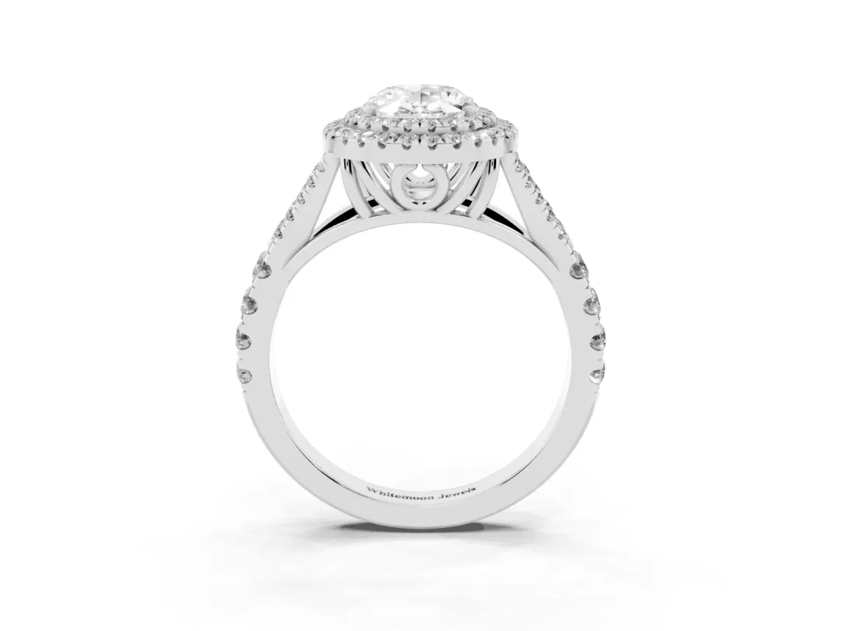 Oval Cut Cut Double Halo Split Shank Diamond Ring with Prong Setting Silver