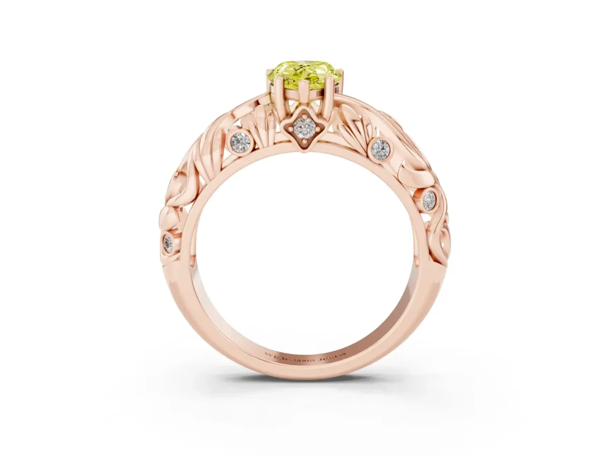 Fancy Yellow Pear Cut Solitaire Diamond Leaf-Inspired Vine Band Ring with Prong Setting Rose gold
