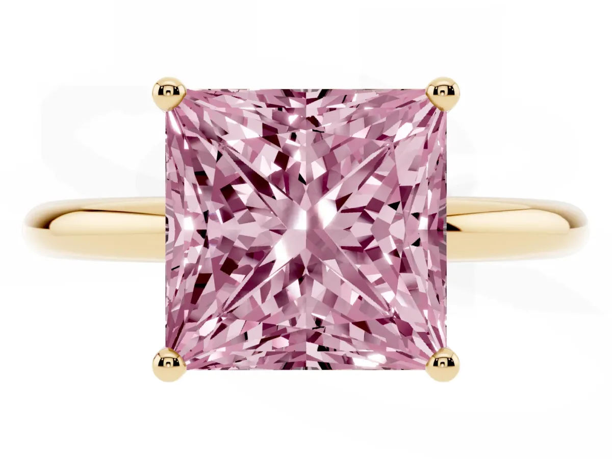Fancy Pink Princess Cut Cut Solitaire Engagement Ring with Four-Prong Setting and Classic Band Yellow gold