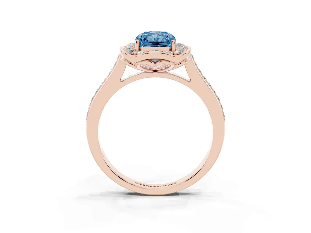 Fancy Blue Radiant Cut Halo Round Diamond Pave Band with Four-Prong Setting Rose gold