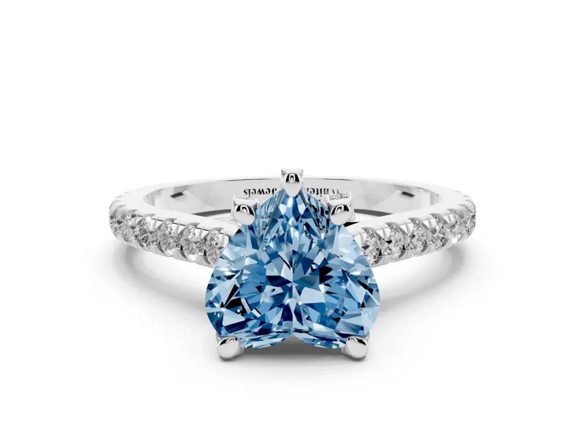 Fancy Blue Heart Cut Brilliant Diamond Solitaire with Pavé Band and Four-Prong Setting Silver