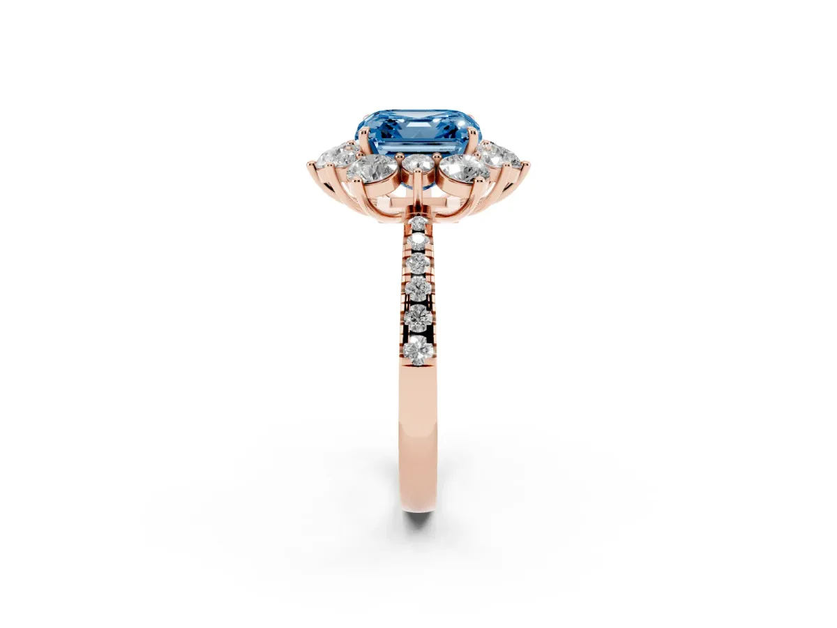 Fancy Blue Asscher Cut Diamond Floral Halo Ring with Round Pavé Band and Prong Setting Rose gold