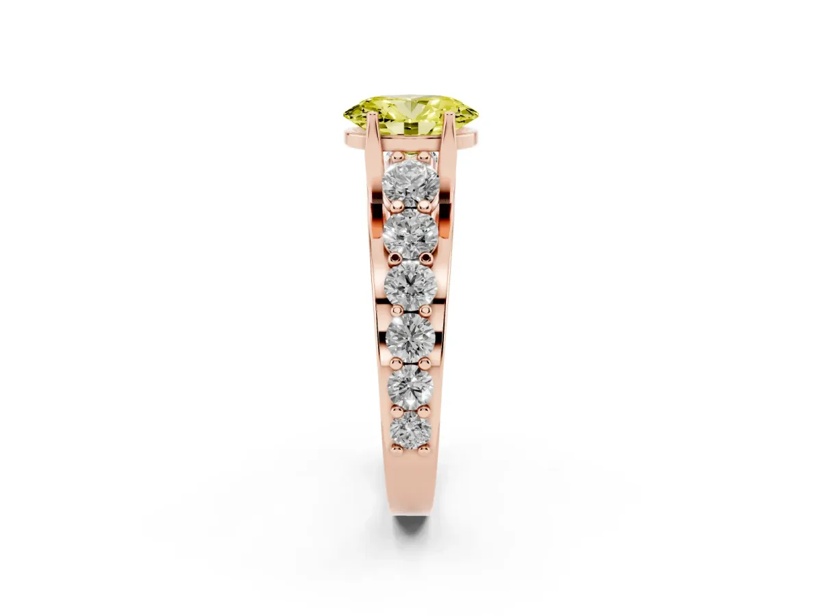 Fancy Yellow Oval Cut Diamond Engagement Ring with Pavé Band and Four-Prong Setting Rose gold
