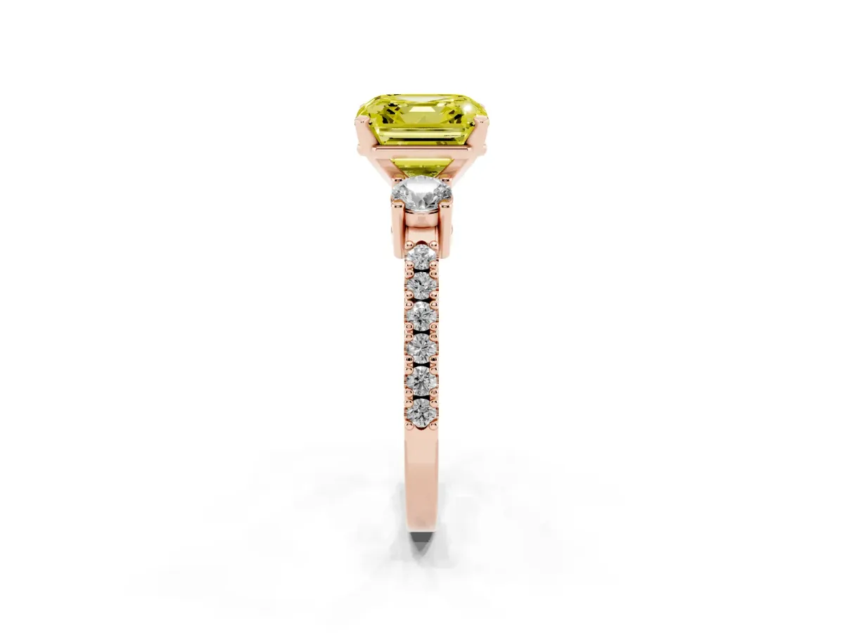 Fancy Yellow Asscher Cut Three-Stone Diamond Pavé Band with Prong Setting Rose gold
