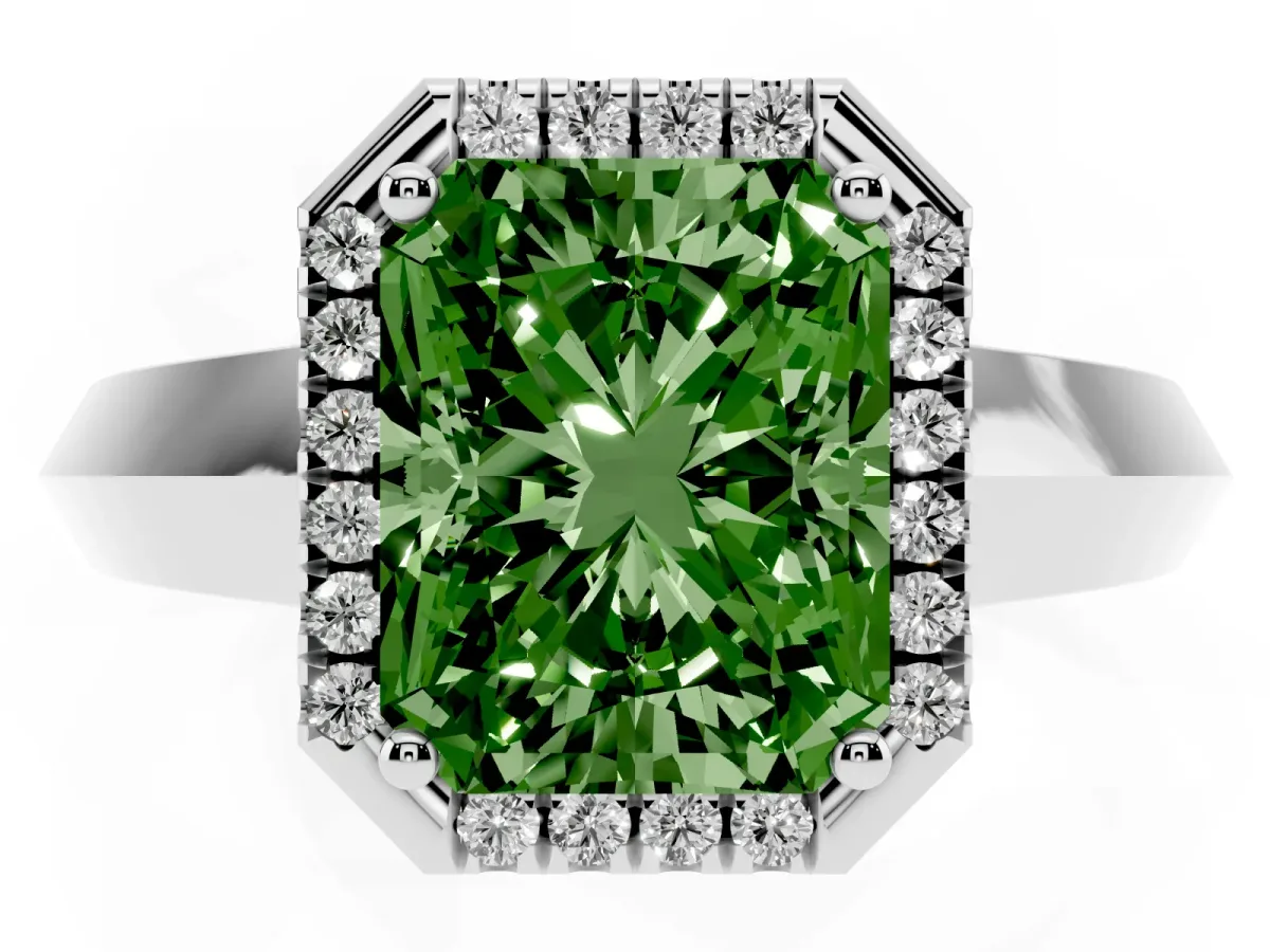 Fancy Green Radiant Cut Halo Diamond Ring with Cathedral Band and Four-Prong Setting White gold