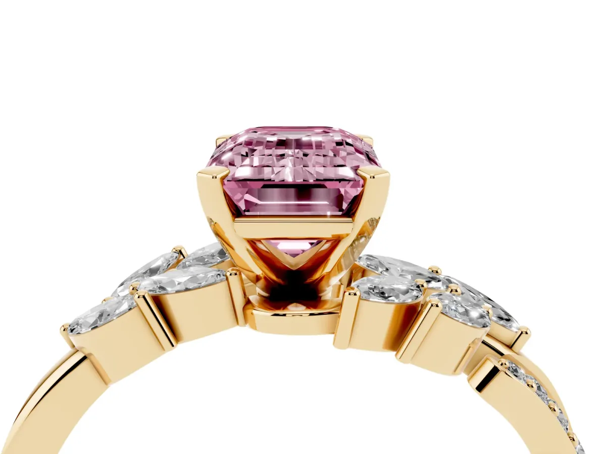 Fancy Pink Emerald Cut Solitaire Marquise Twist Band with Six-Prong Setting Yellow gold