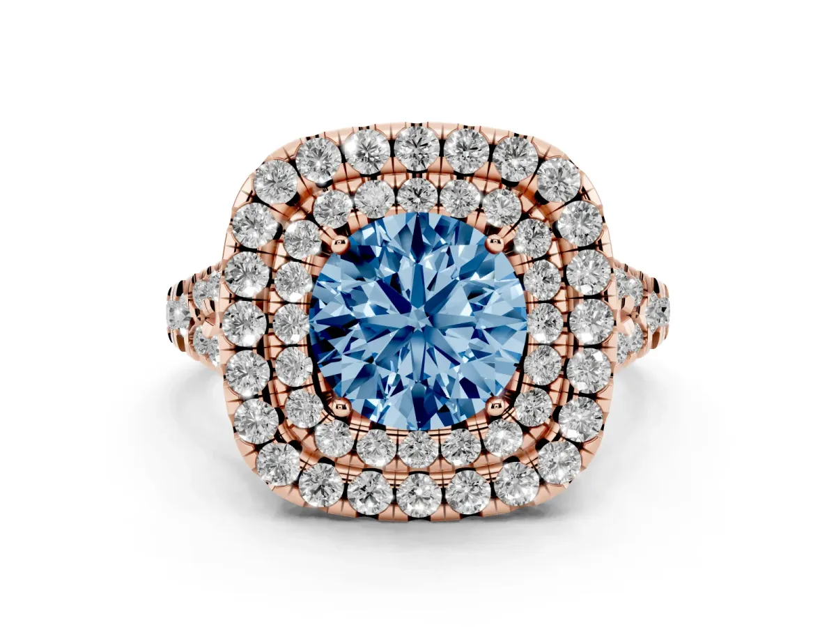 Fancy Blue Double Halo Round Cut Diamond Pavé Split Shank Ring with Prong Setting Rose gold