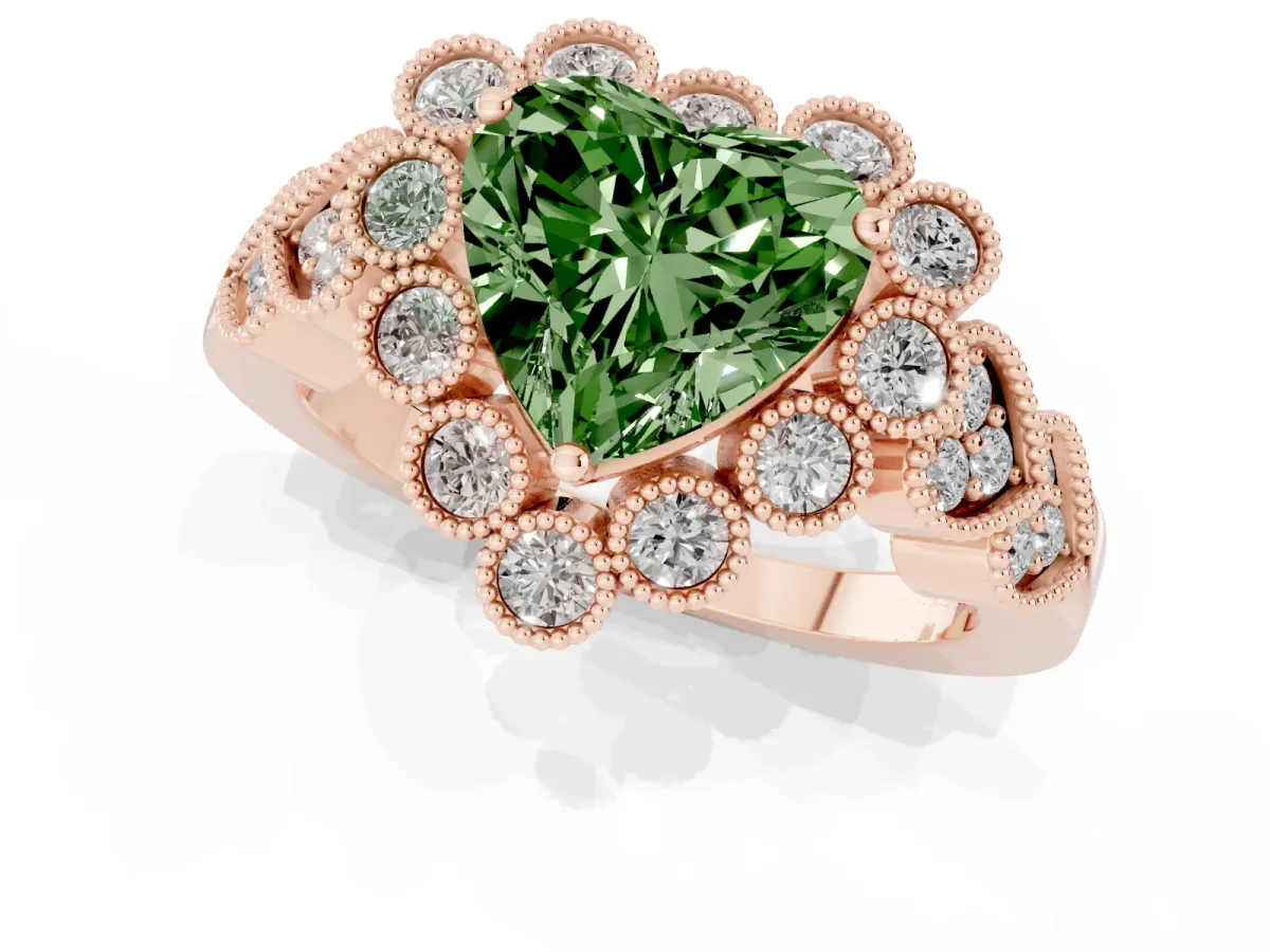 Fancy Green Heart Cut Brilliant Milgrain Pave Heart Band Solitaire Ring Rose gold