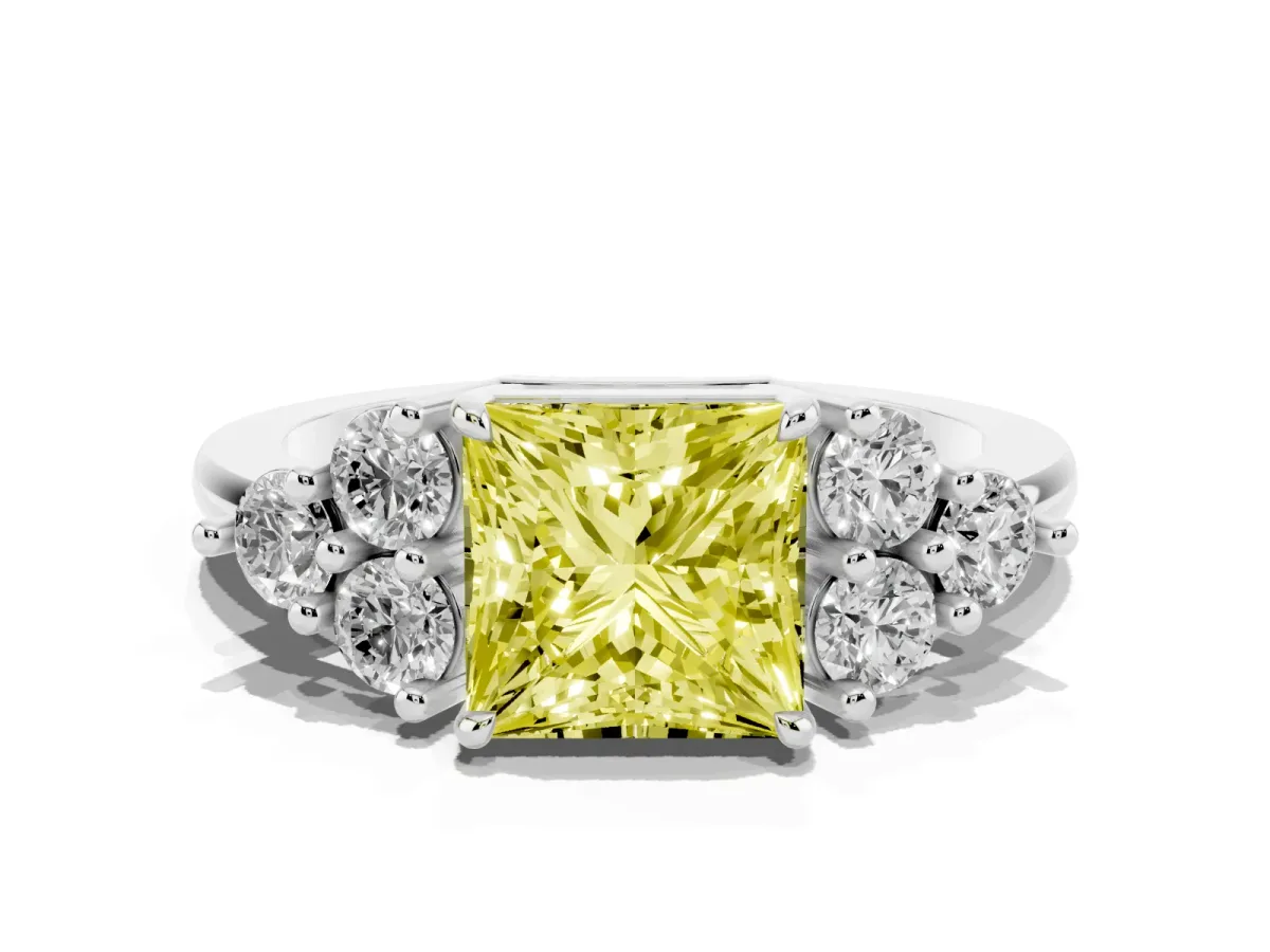 Fancy Yellow Princess Cut Brilliant Diamond Cluster Accent Solitaire Ring with Prong Setting Silver