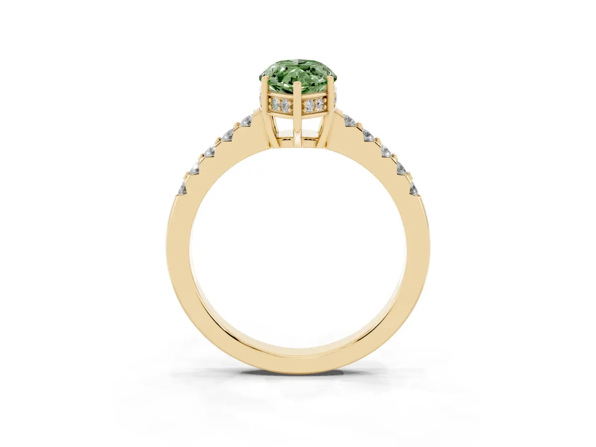 Fancy Green Marquise Cut Solitaire Diamond Engagement Ring with Pavé Band and Six-Prong Setting Yellow gold