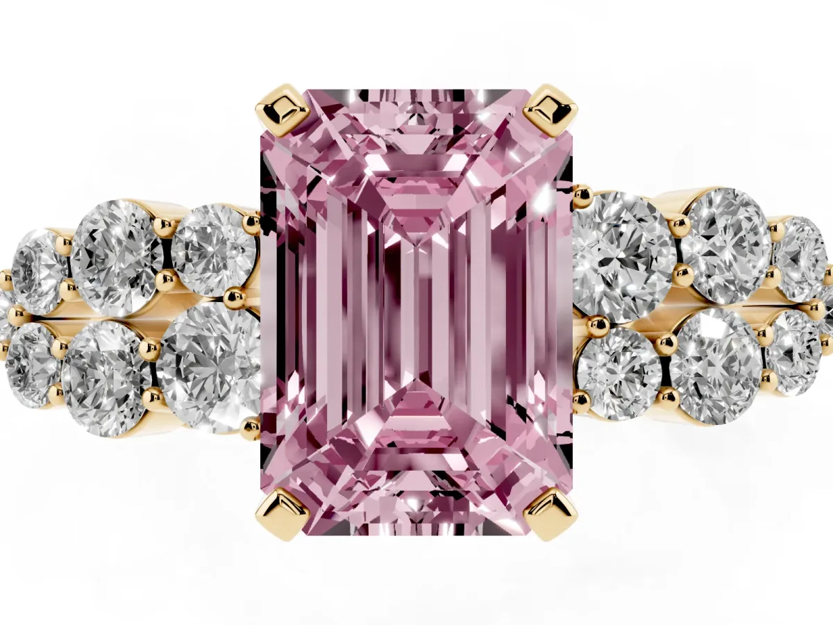 Fancy Pink Emerald Cut Cluster Diamond Engagement Ring with Pavé Band and Four-Prong Setting Yellow gold