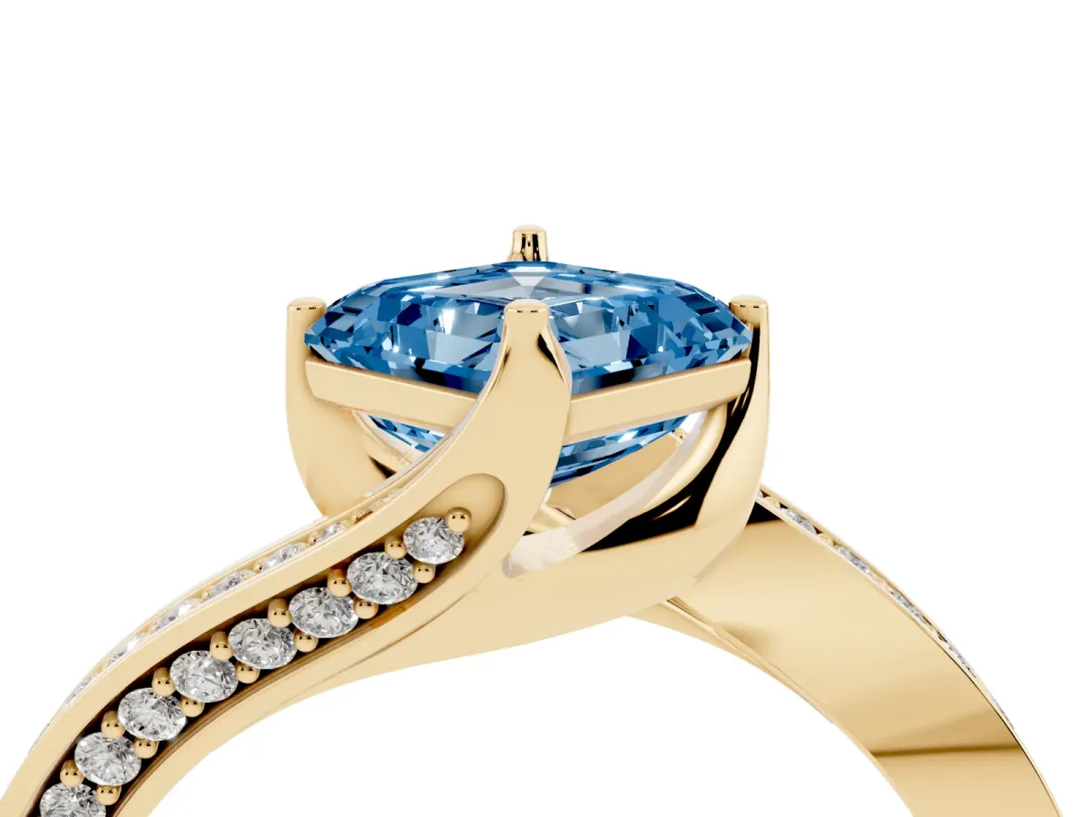 Fancy Blue Asscher Cut Solitaire Diamond Twist Band with Pavé Setting and Four-Prong Setting Yellow gold