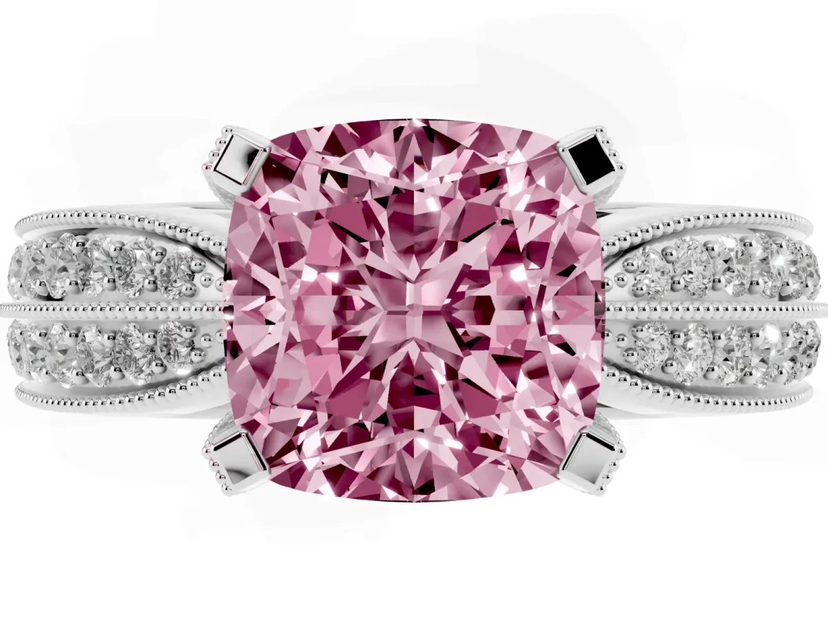 Fancy Pink Cushion Cut Diamond Solitaire Ring with Milgrain Round Pavé Band and Prong Setting Silver