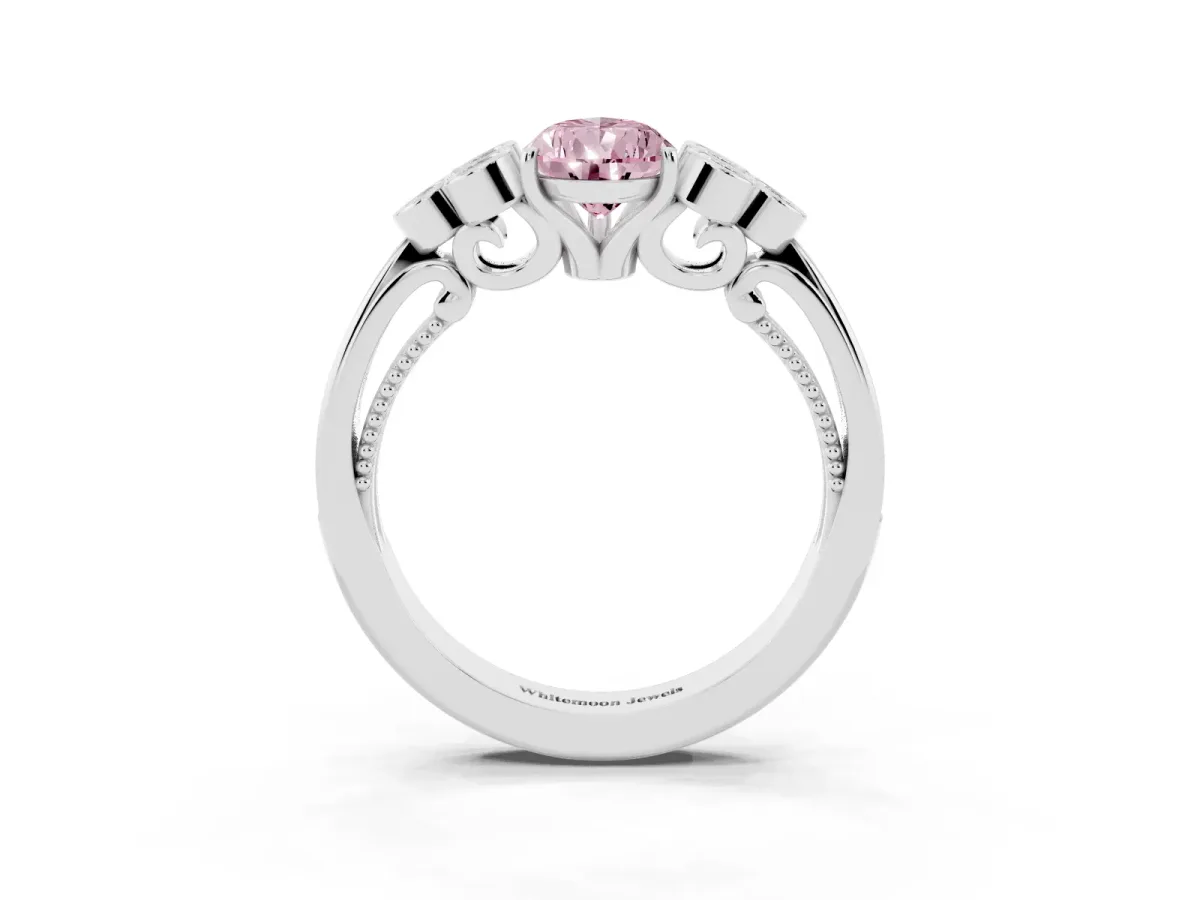 Fancy Pink Pear Cut Cut Diamond Engagement Ring with Bezel Set Round Side Stones and Prong Setting Silver