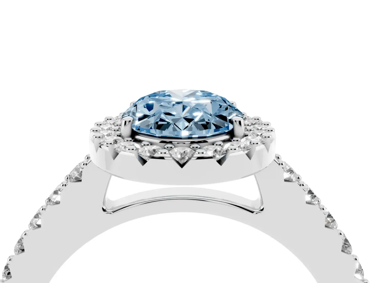 Fancy Blue Oval Cut Halo Diamond Pavé Solitaire Ring Platinum