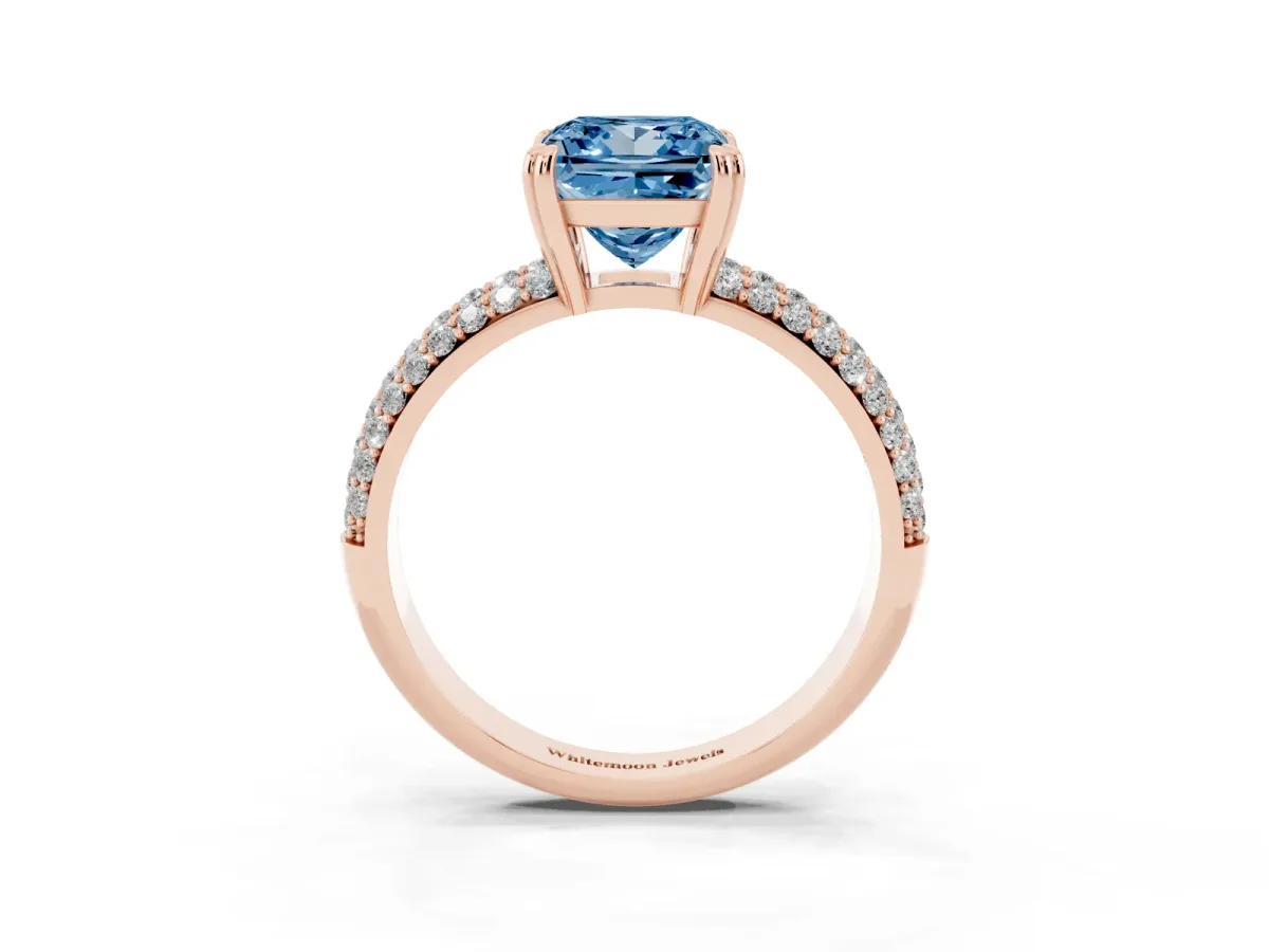 Fancy Blue Princess Cut Diamond Solitaire Ring with Multi-Row Round Pavé Band and Prong Setting Rose gold