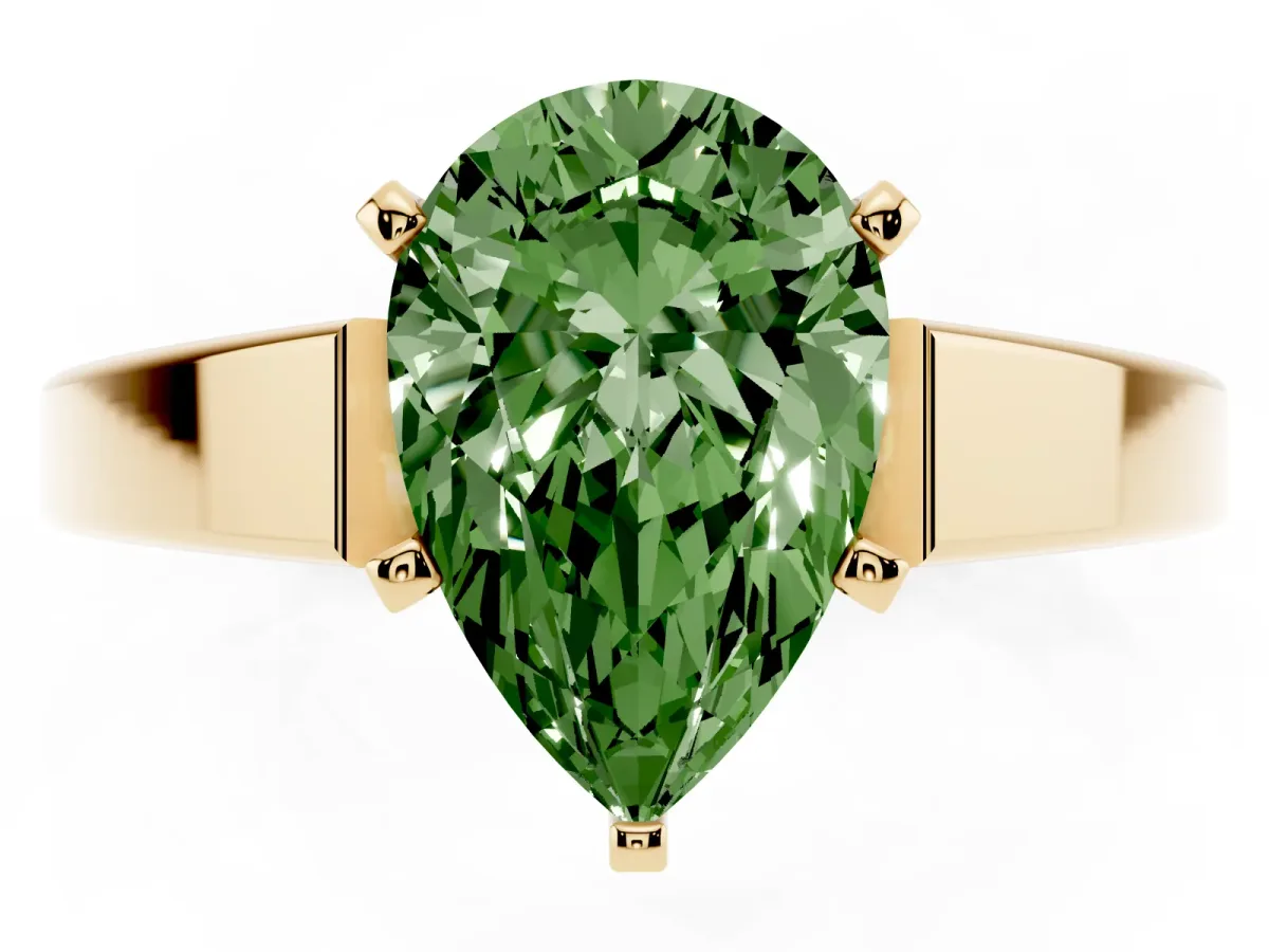 Fancy Green Pear Cut Solitaire Engagement Ring with Four-Prong Setting and Tapered Band Yellow gold