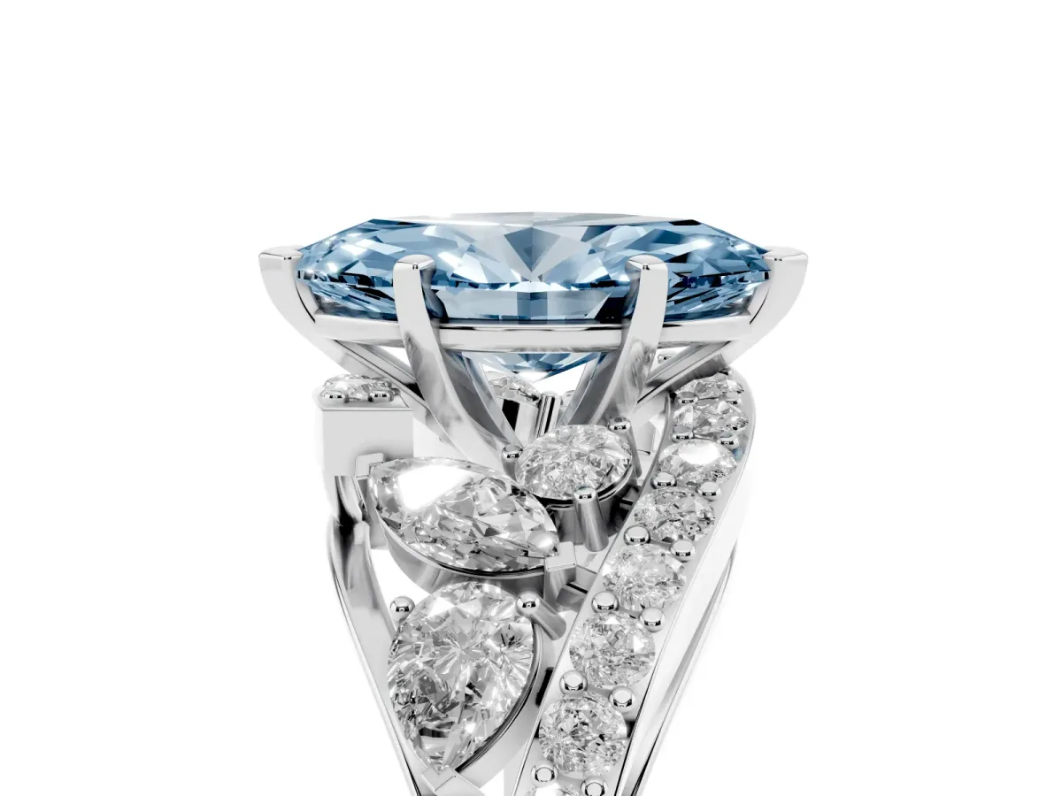 Fancy Blue Marquise Cut Diamond Halo Ring with Marquise and Pavé Band in Prong Setting Silver