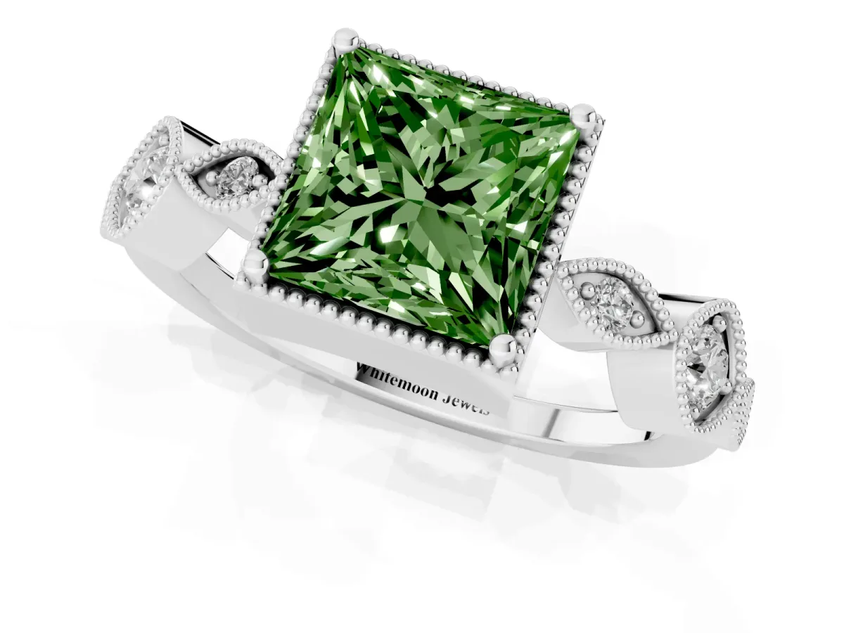 Fancy Green Princess Cut Diamond Vintage Milgrain Ring with Round Stations Silver