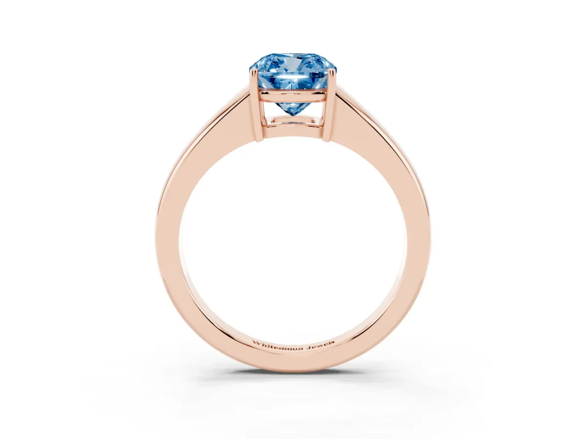 Fancy Blue Cushion Cut Solitaire Diamond Ring with Tapered Band and Four-Prong Setting Rose gold
