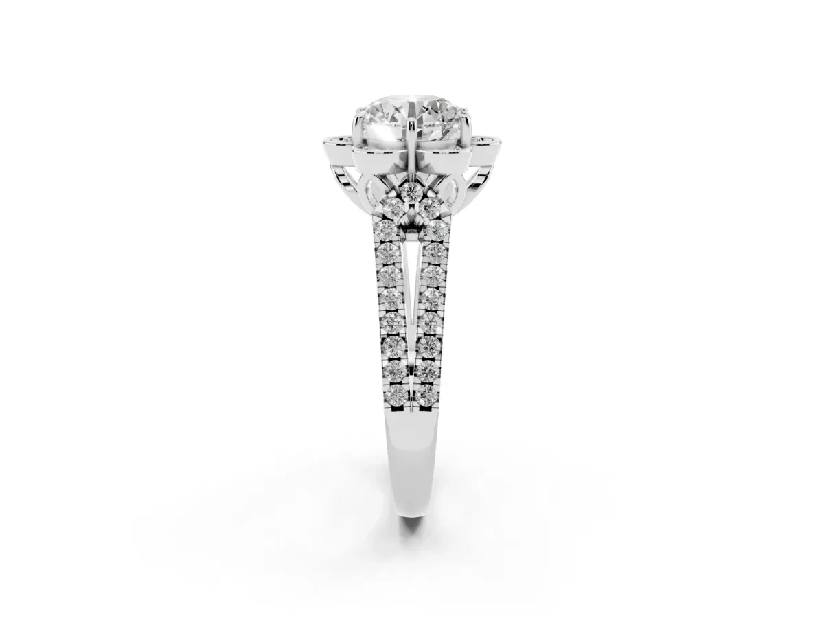 Round Cut Halo Diamond Floral Split Shank Engagement Ring Silver