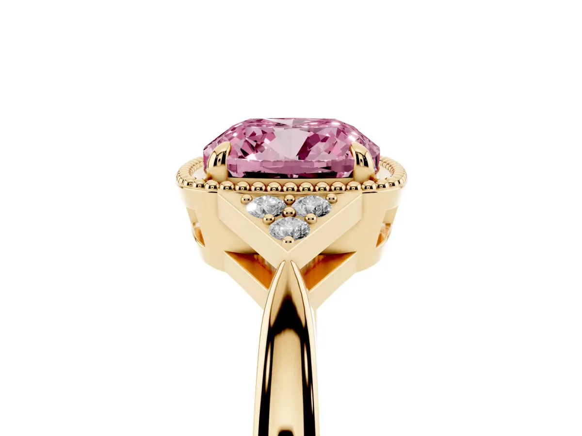 Fancy Pink Hexagonal Halo Cushion Cut Diamond Solitaire with Pavé Band and Four-Prong Setting Yellow gold