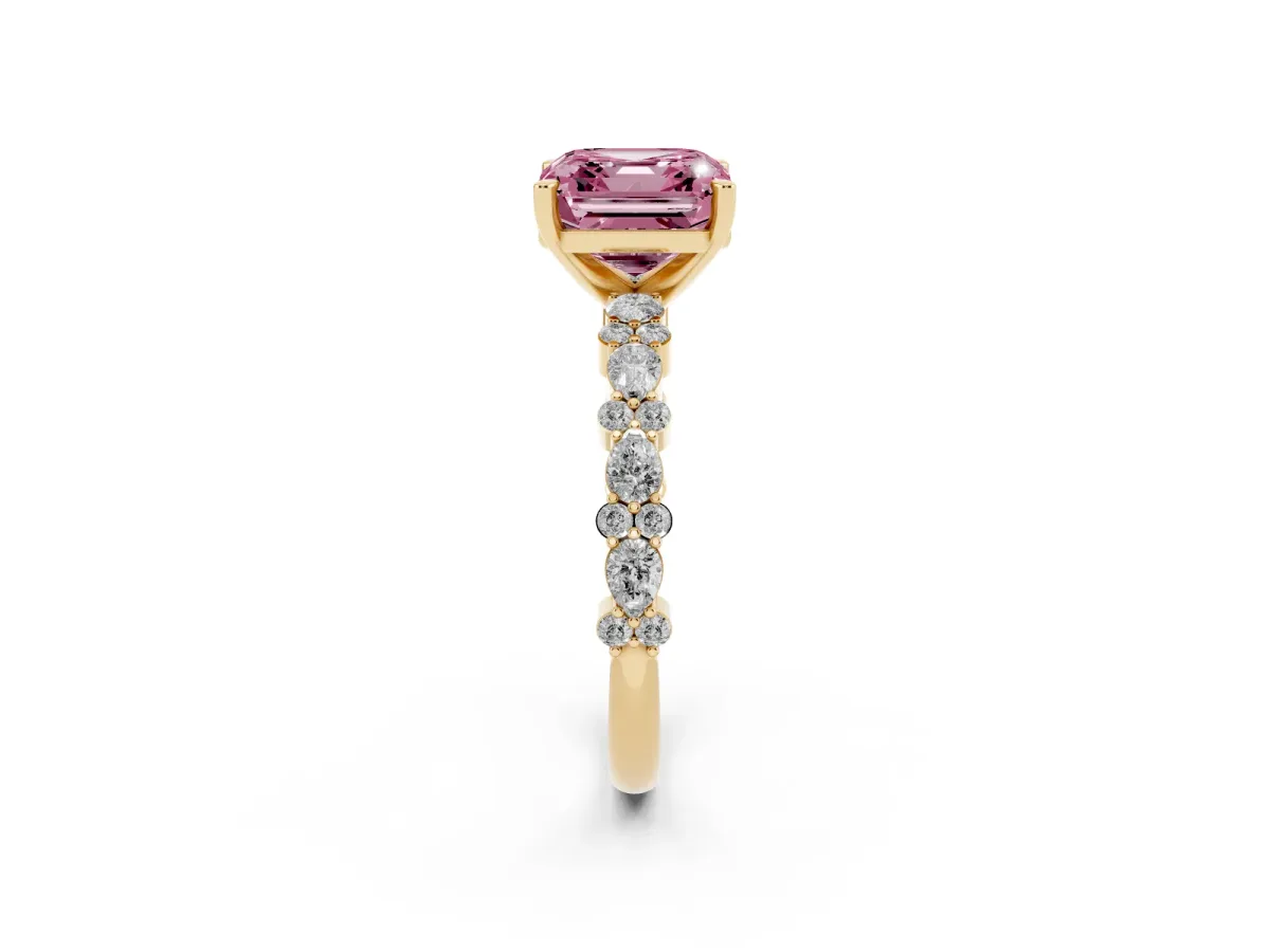 Fancy Pink Asscher Cut Diamond Side Stone Solitaire Ring with Round and Four-Prong Setting Yellow gold